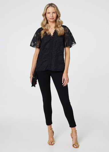 Izabel London Black Floral Lace Detail Flared Sleeve Blouse
