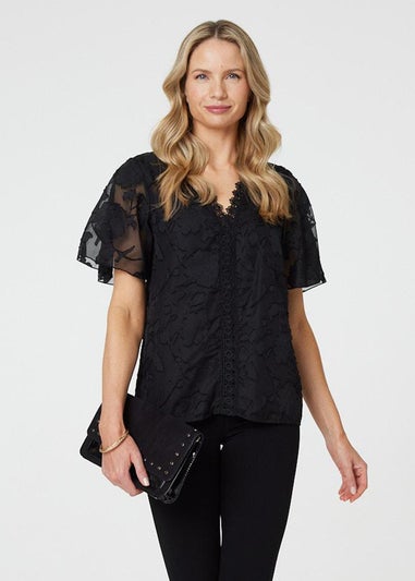 Izabel London Black Floral Lace Detail Flared Sleeve Blouse