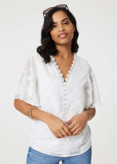 Izabel London White Floral Lace Detail Flared Sleeve Blouse