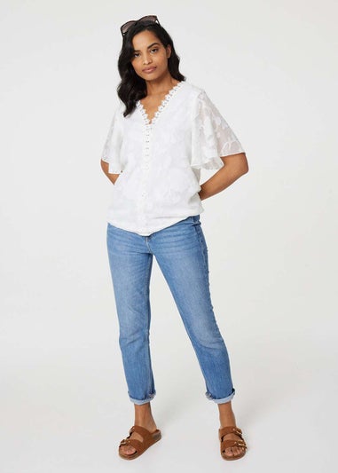 Izabel London White Floral Lace Detail Flared Sleeve Blouse