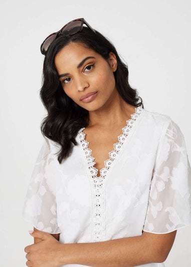 Izabel London White Floral Lace Detail Flared Sleeve Blouse