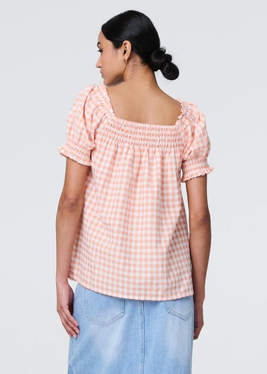 Izabel London Pink Gingham Check Puff Sleeve Blouse