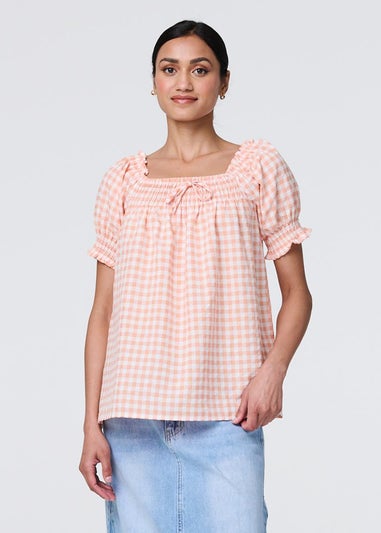 Izabel London Pink Gingham Check Puff Sleeve Blouse