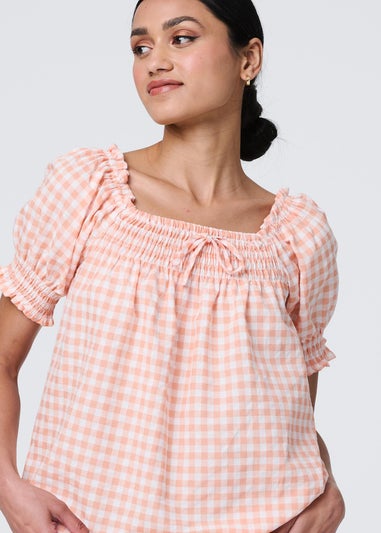 Izabel London Pink Gingham Check Puff Sleeve Blouse