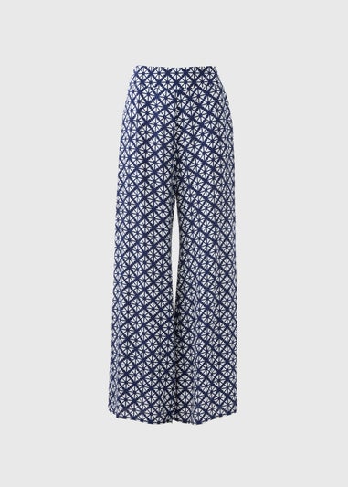 Blue Patterned Wide Leg Trousers