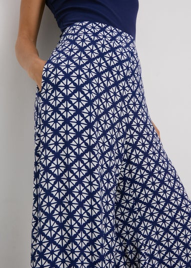 Blue Patterned Wide Leg Trousers