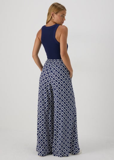 Blue Patterned Wide Leg Trousers