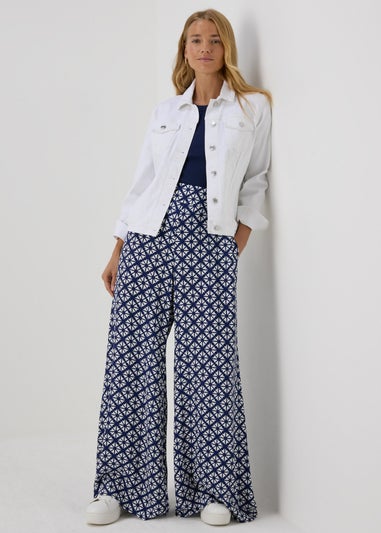 Blue Patterned Wide Leg Trousers