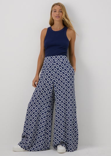 Blue Patterned Wide Leg Trousers