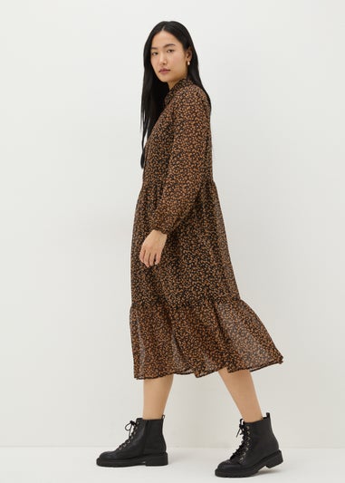 Brown Animal Mesh Shirt Midi Dress