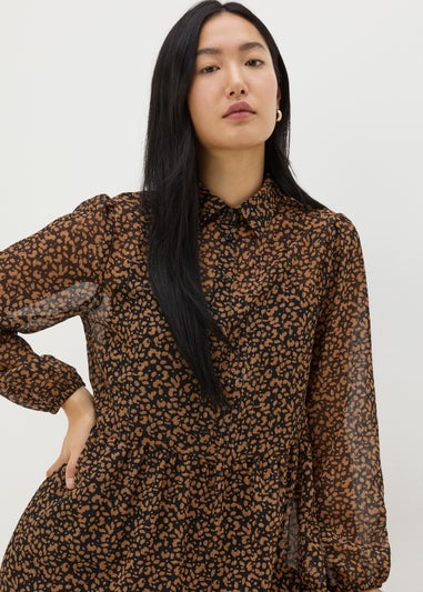 Brown Animal Mesh Shirt Midi Dress