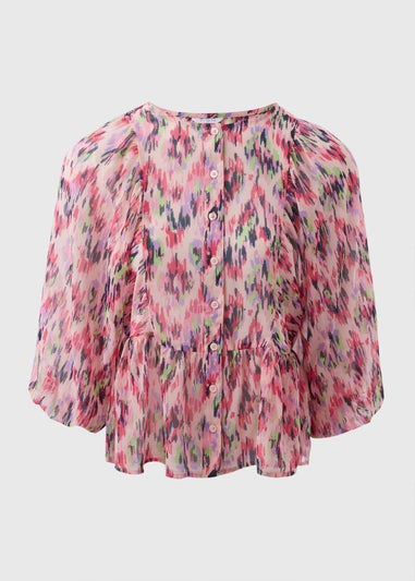 Pink Gathered Volume Sleeve Blouse