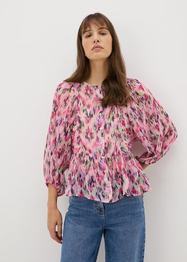 Pink Gathered Volume Sleeve Blouse