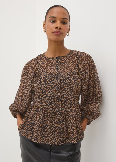 Brown Gathered Volume Sleeve Blouse