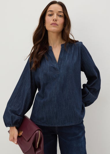 Blue Notched Neck Blouse