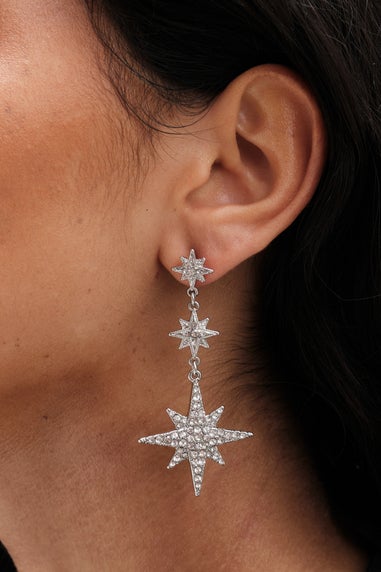 Mood Silver Crystal Moon And Star Statement Drop Earrings