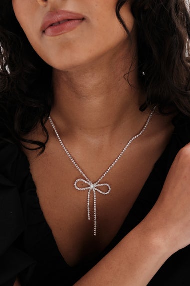 Mood Silver Crystal Bow Short Necklace