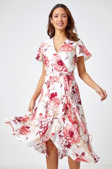 Roman Light Pink Floral Print Wrap Stretch Dress