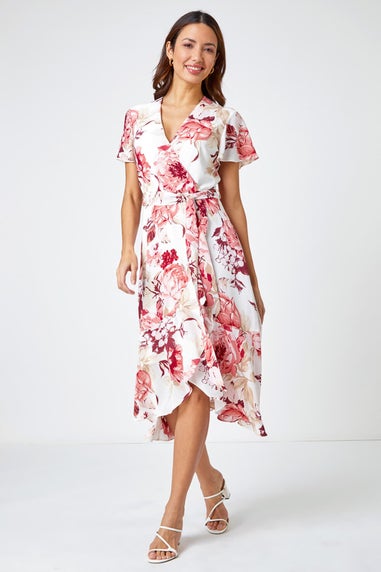 Roman Light Pink Floral Print Wrap Stretch Dress