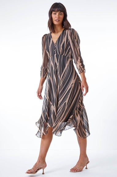 Roman Black Abstract Chiffon Wrap Asymmetric Midi Dress