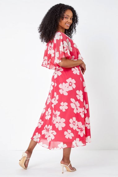 Roman Petite Coral Petite Floral Print Chiffon Cape Dress