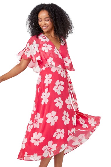 Roman Petite Coral Petite Floral Print Chiffon Cape Dress