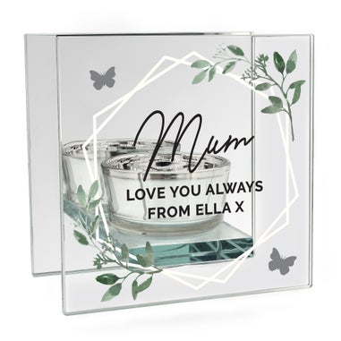 Personalised Memento Company Clear Botanical Mirrored Glass Tea Light Candle Holder