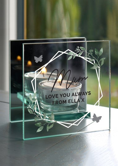 Personalised Memento Company Clear Botanical Mirrored Glass Tea Light Candle Holder