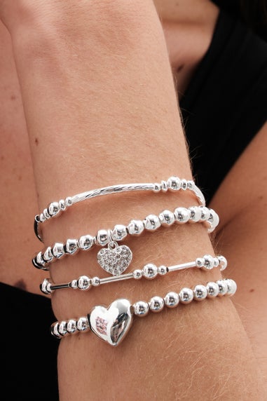 Mood Silver Polished Ball Heart Charm Stretch Bracelet