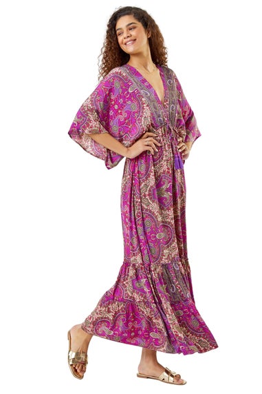 Roman Fuchsia Paisley Print Boho Maxi Dress