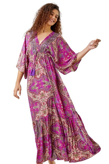 Roman Fuchsia Paisley Print Boho Maxi Dress