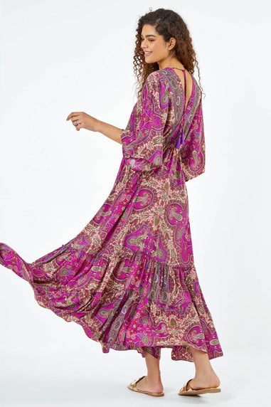 Roman Fuchsia Paisley Print Boho Maxi Dress