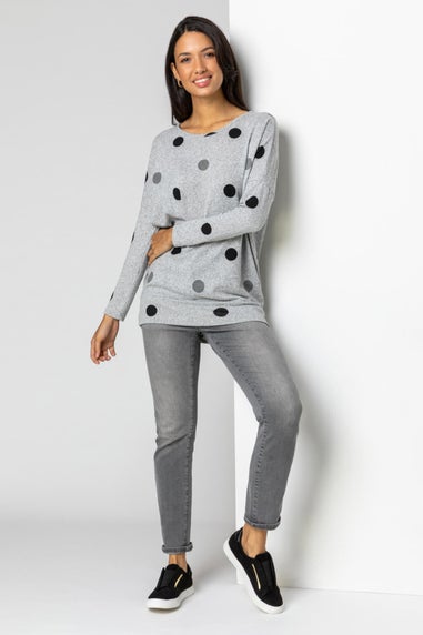 Roman Grey Polka Dot Blouson Long Sleeve Jersey Tunic Top