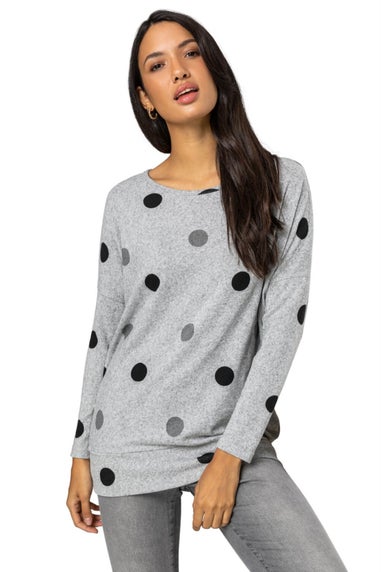 Roman Grey Polka Dot Blouson Long Sleeve Jersey Tunic Top