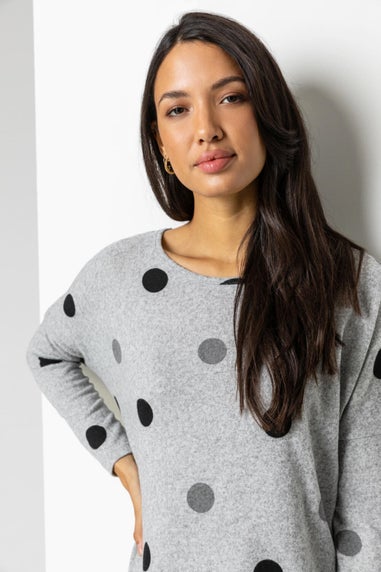 Roman Grey Polka Dot Blouson Long Sleeve Jersey Tunic Top