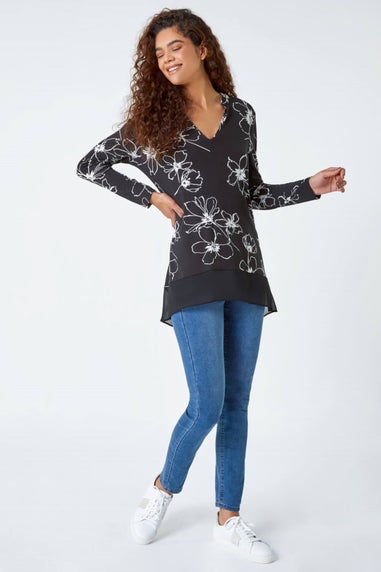 Roman Black Floral Print Chiffon Hem Stretch Top