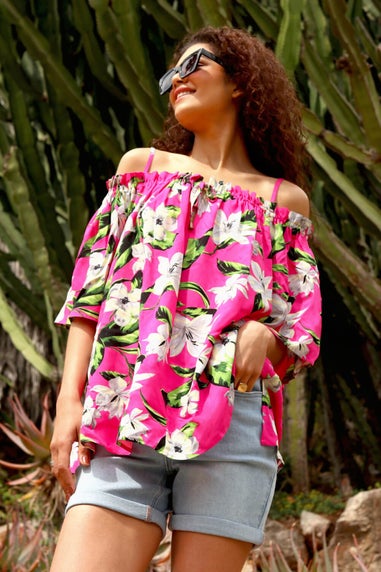 Roman Fuchsia Tropical Cold Shoulder Bardot Top