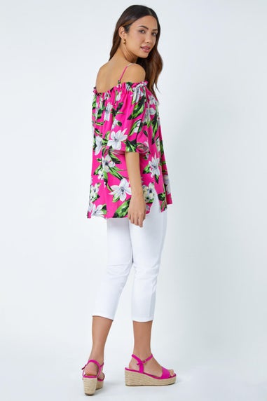 Roman Fuchsia Tropical Cold Shoulder Bardot Top