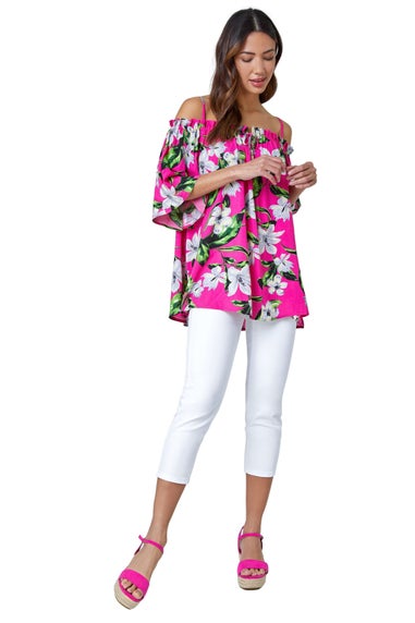 Roman Fuchsia Tropical Cold Shoulder Bardot Top