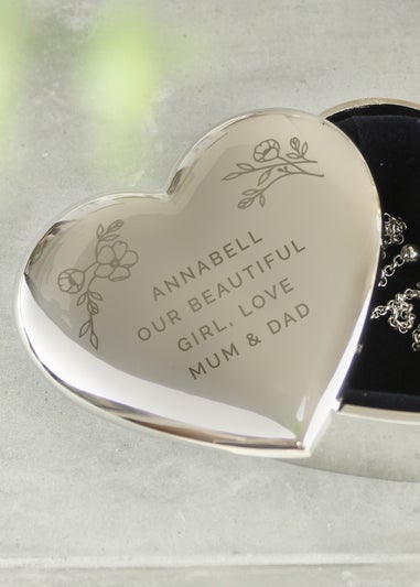 Personalised Memento Company Silver Floral Free Text Heart Trinket Box