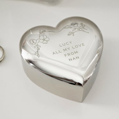 Personalised Memento Company Silver Floral Free Text Heart Trinket Box