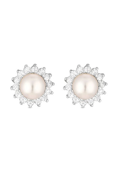 Simply Silver Sterling Silver 925 Freshwater Pearl And Cubic Zirconia Halo Stud Earrings