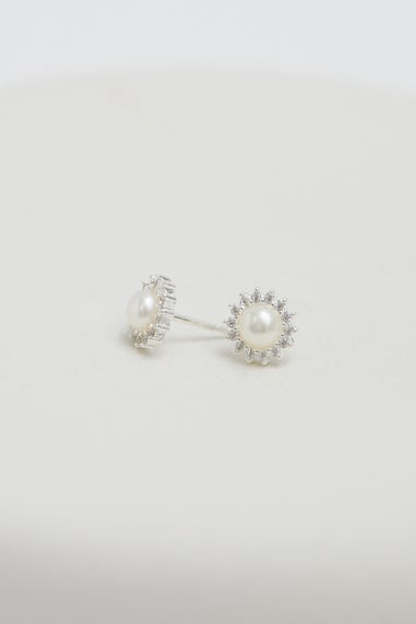 Simply Silver Sterling Silver 925 Freshwater Pearl And Cubic Zirconia Halo Stud Earrings