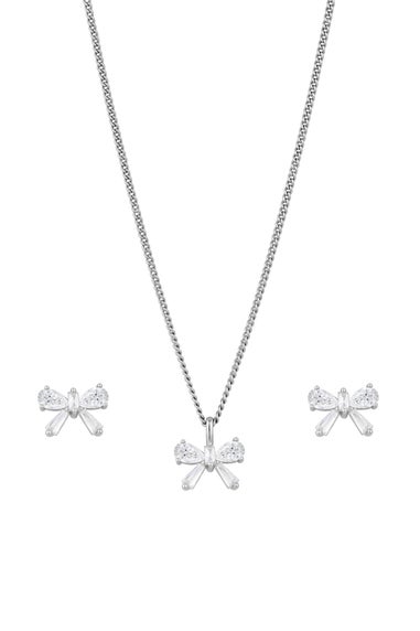 Jon Richard Rhodium Plated Bow Earrings and Pendant Set - Gift Boxed