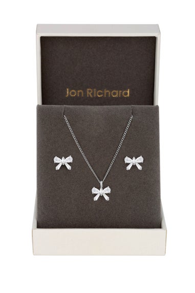 Jon Richard Rhodium Plated Bow Earrings and Pendant Set - Gift Boxed