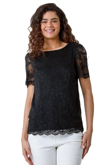 Roman Black Floral Stretch Lace Top