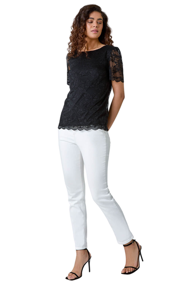 Roman Black Floral Stretch Lace Top