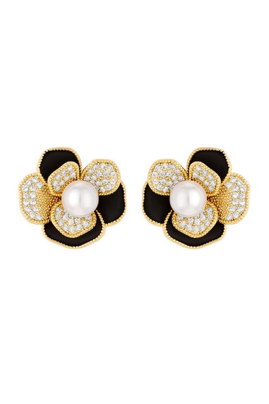 Jon Richard Gold Plated Jet And Pearl Flower Stud Earrings