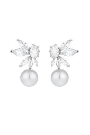 Jon Richard Rhodium Plated Cubic Zirconia Floral Navette Pearl Drop Earrings