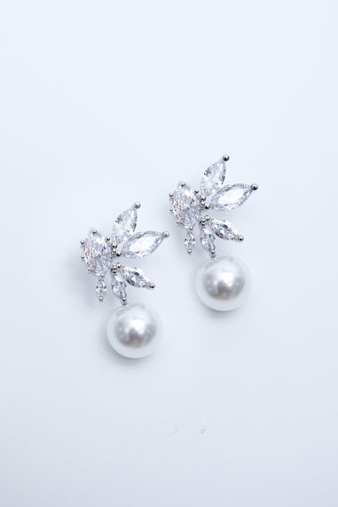 Jon Richard Rhodium Plated Cubic Zirconia Floral Navette Pearl Drop Earrings